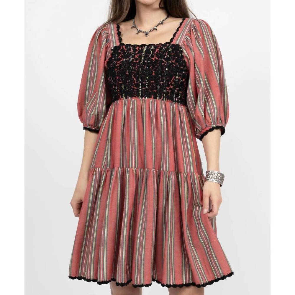Striped Midi Dress with Black Lace Detail